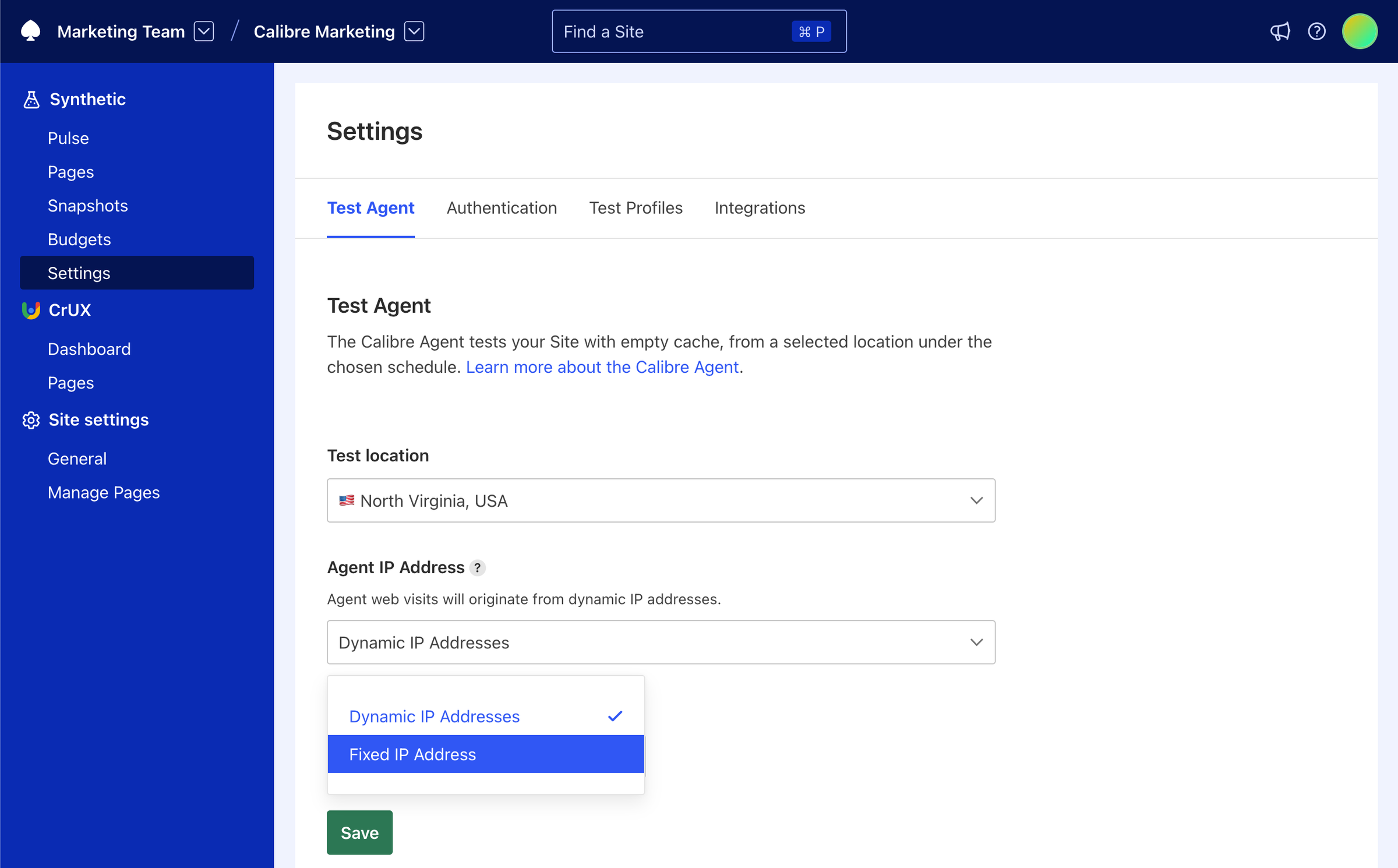 Changing Test Agent IP address settings for a Site.